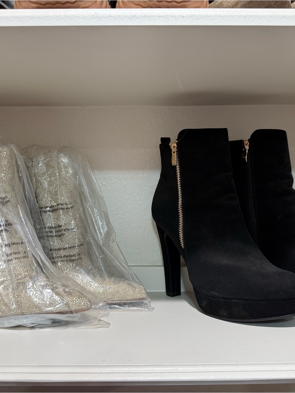 Women's Black Suede High-Heel Ankle Booties with Gold Side Zipper